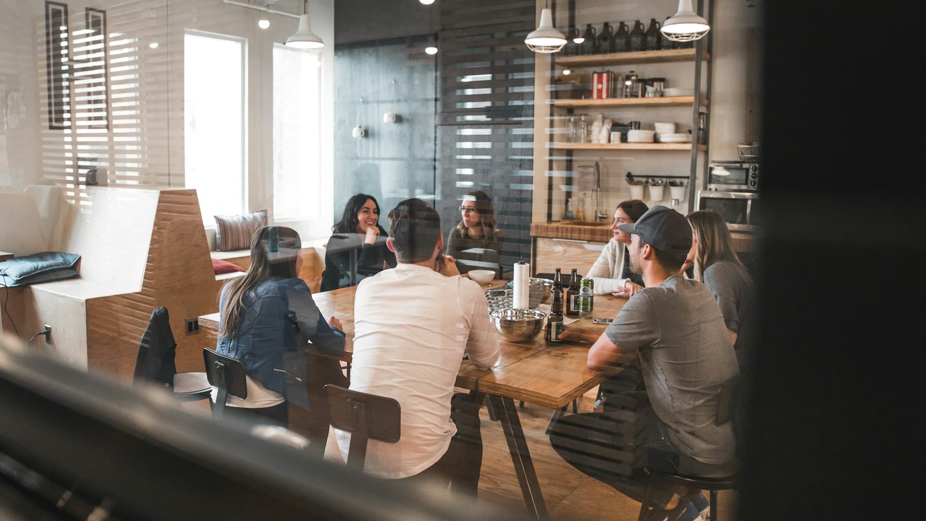 A team gathered around a shared table